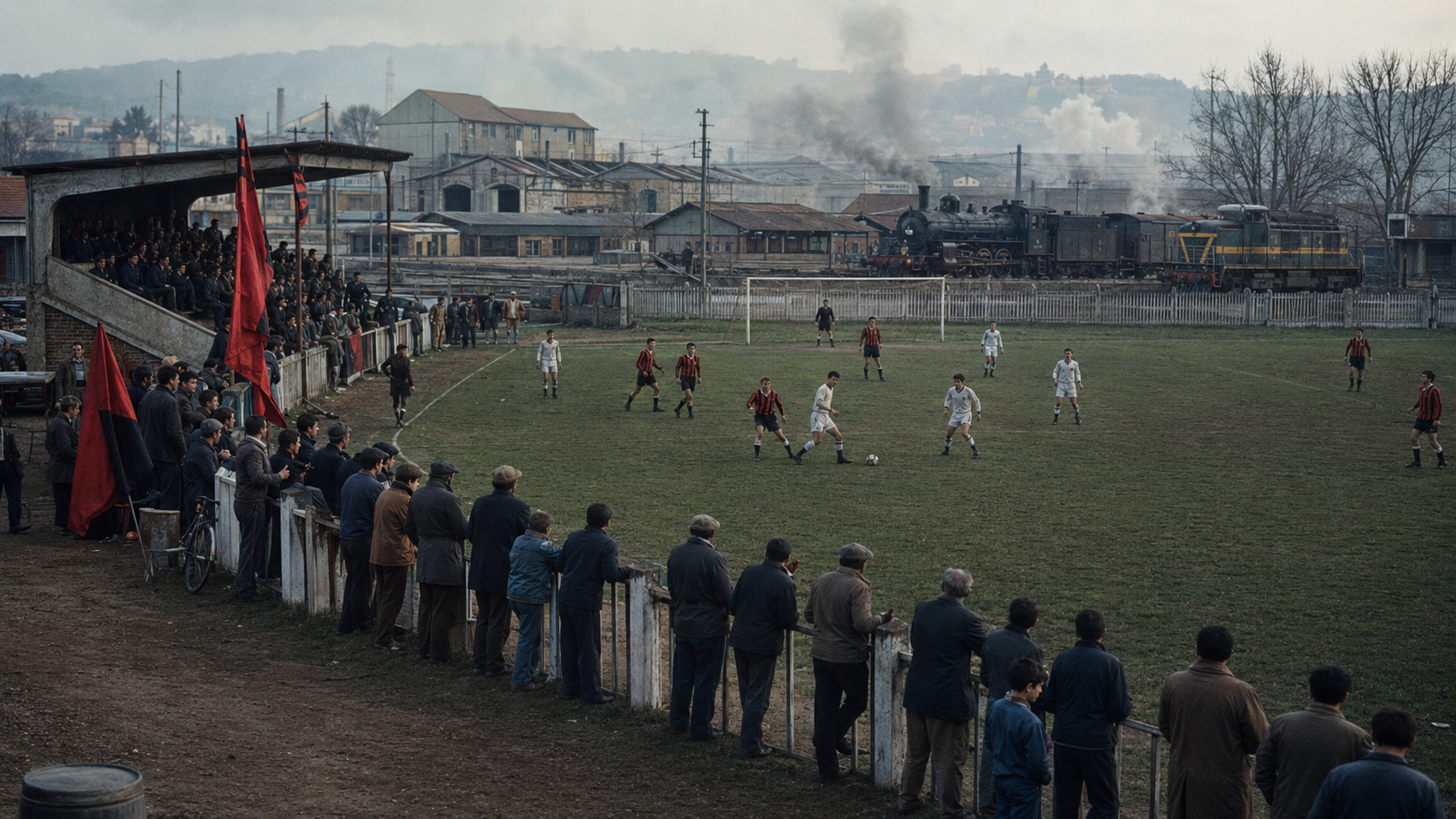 Terrain de football des Cheminots, supporters et dépôt ferroviaire