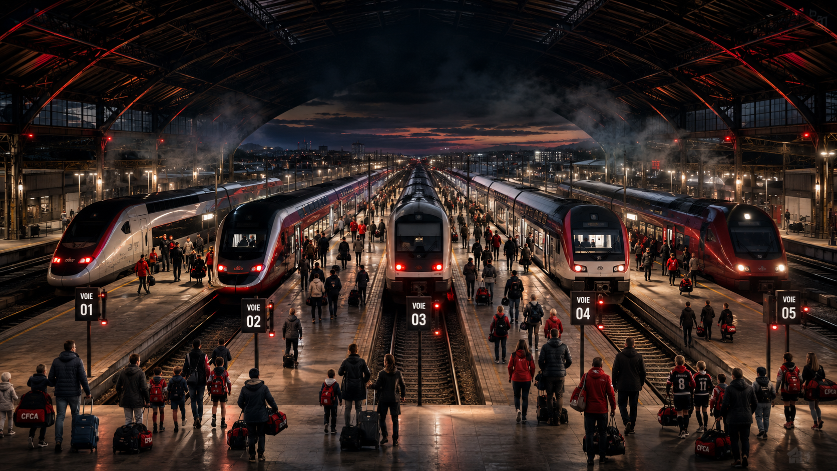Gare des prolongations du CFCA avec cinq trains, voyageurs et bagages du club